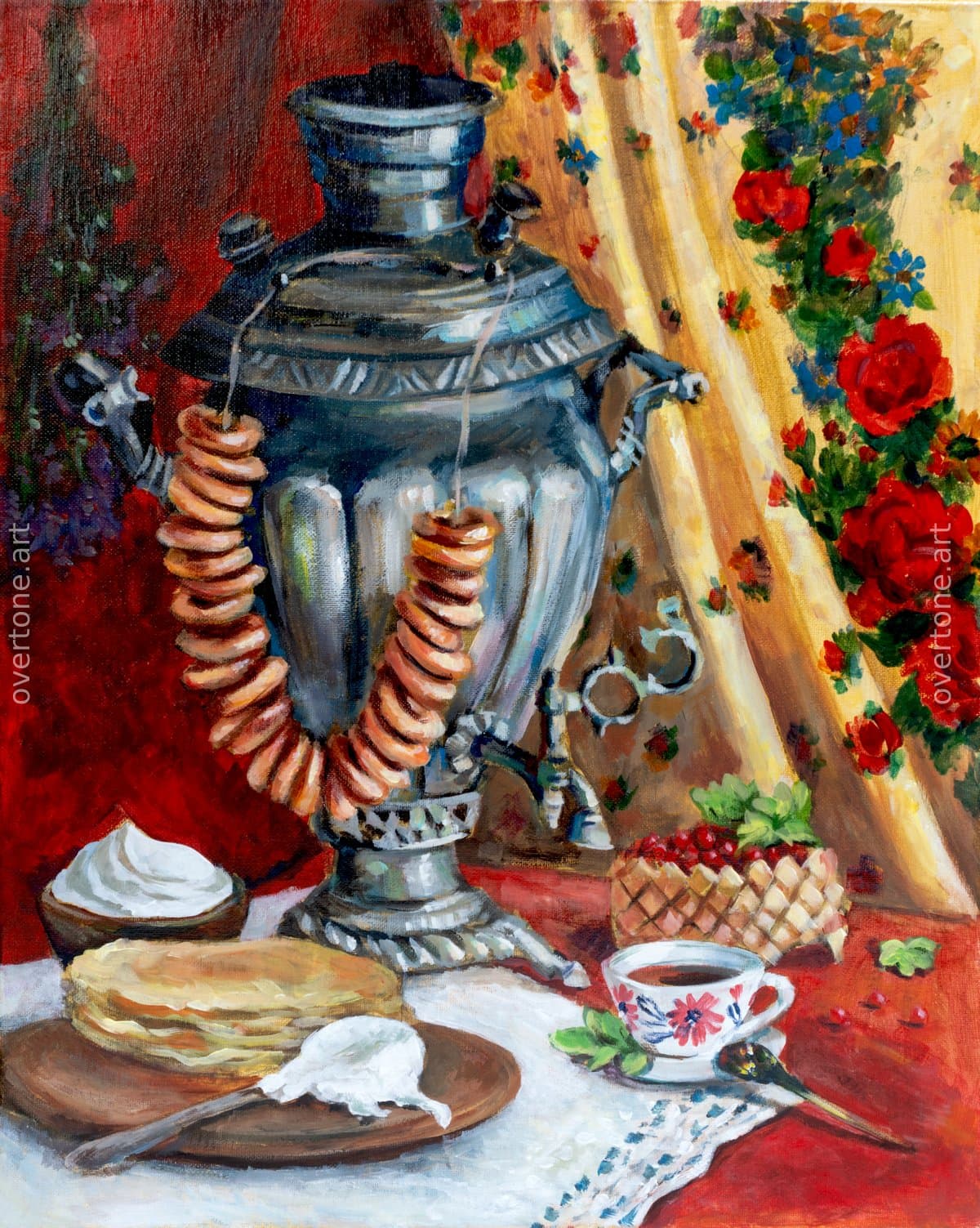 Acrylic still life of a Russian samovar with blini, sour cream, baranki, and a painted teacup on a red table.