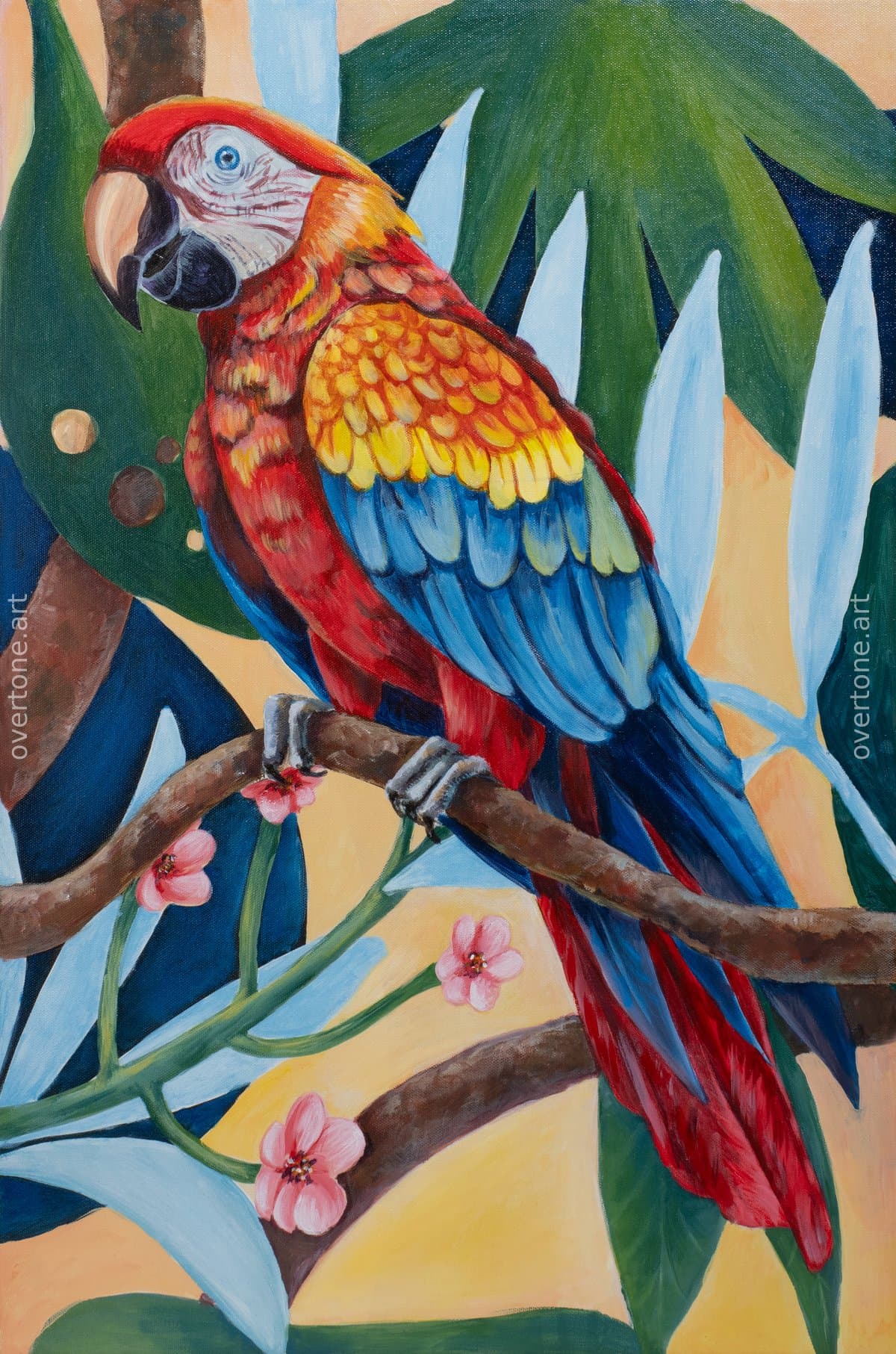 Acrylic painting of a red, yellow, and blue scarlet macaw perched on a branch among large tropical leaves and small pink flowers.
